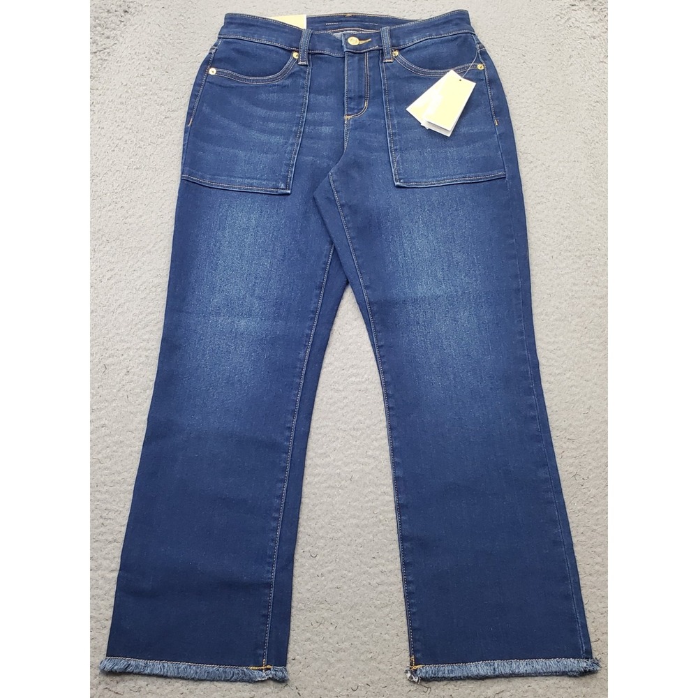 Michael Kors Izzy Straight Jeans Womens 6 Blue Denim Mid-Rise Raw Hem Stretch